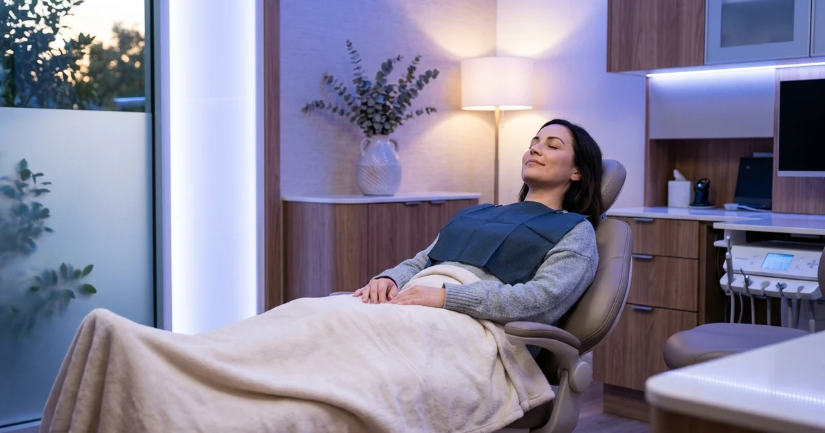 Relaxed patient reclined comfortably in a dental chair during sedation