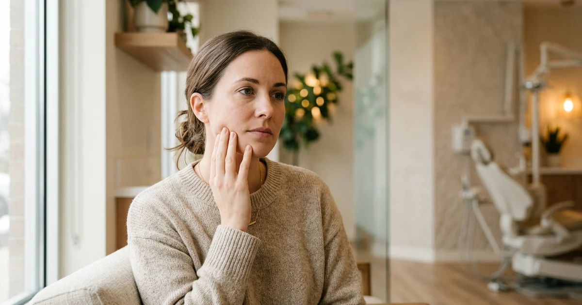 Person holding their cheek in discomfort from a throbbing toothache