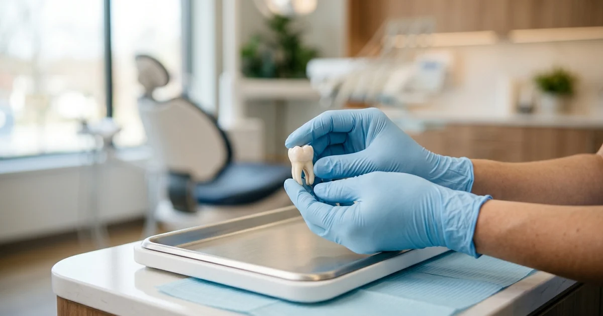 White composite fillings next to dark amalgam being removed under protective isolation
