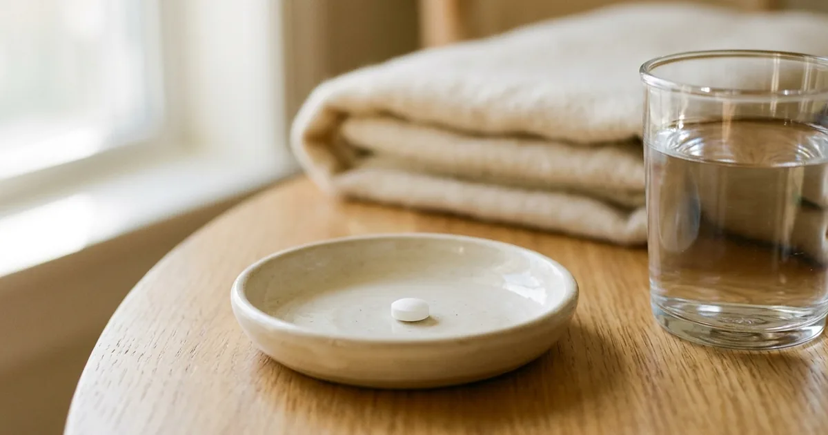 Single sedative pill in a small dish beside a glass of water