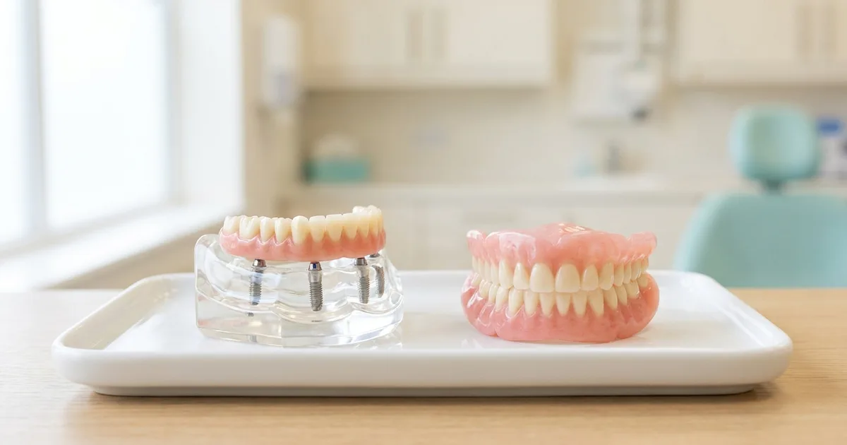 Same day implant teeth and a traditional denture side by side for comparison