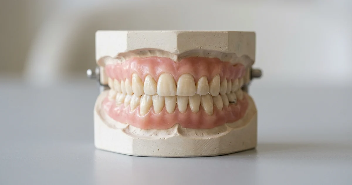 Dental model showing misaligned overbite and crossbite where upper and lower teeth meet